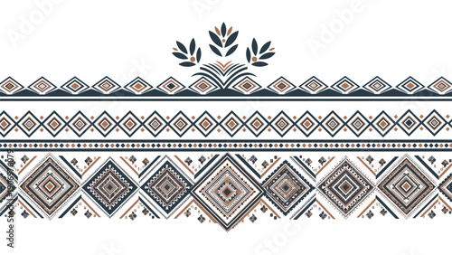 Detailed tribal pattern border with horizontal bands of geometric diamonds and floral motifs in navy, brown, and grey.