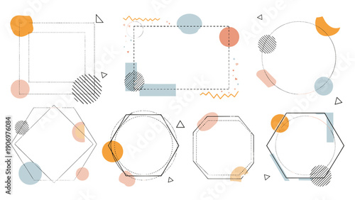 Modern abstract geometric frames combining dashed line shapes with colorful pastel circles and triangles for contemporary graphic design elements.
