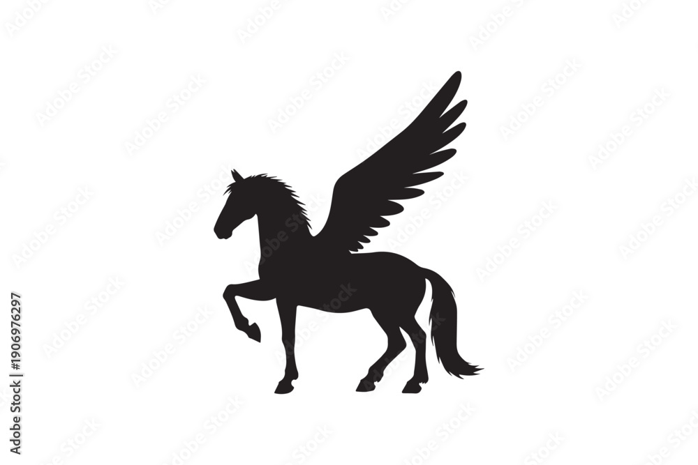 Obraz premium Rearing pegasus horse silhouette with large feathered wings showing movement and mythical grace for fantasy art or majestic wildlife branding needs