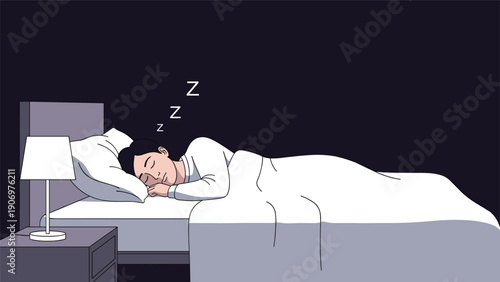 Illustration of a man sleeping peacefully in a bed with a lamp on the nightstand under a dark night sky background representing rest.