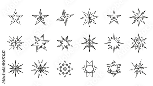 Diverse collection of black line art star icons with various point counts and geometric designs for awards, night sky, or decorative motifs.