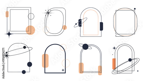 Modern minimalist frames featuring arch shapes and circles with celestial stars and planet rings in a sophisticated limited color palette.