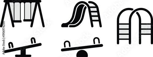 Playground equipment silhouette set, children swing, slide, see-saw, and jungle gym icons, park recreation vector collection, outdoor play area symbols,