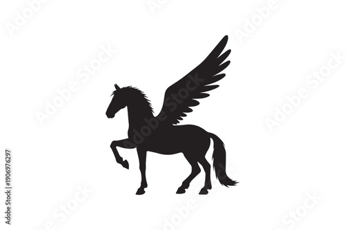 Rearing pegasus horse silhouette with large feathered wings showing movement and mythical grace for fantasy art or majestic wildlife branding needs