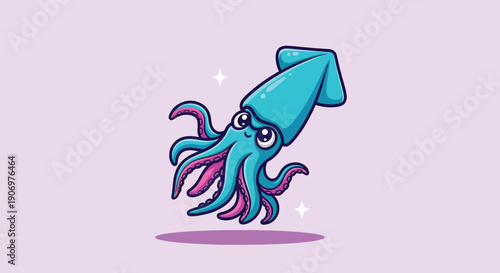Cute Cartoon Squid Swimming Underwater.