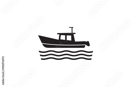 Small fishing boat icon cruising on choppy waves, simple black and white vector illustration on white background