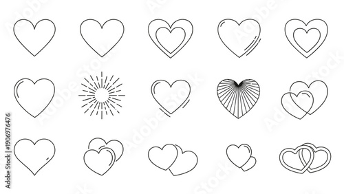 Assortment of hand-drawn heart shapes in various styles including outlines, double hearts, and stylized sunburst effects for romantic projects.
