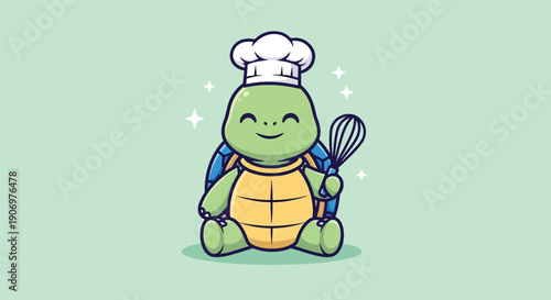 Cute Cartoon Turtle Chef Holding Whisk Vector Illustration.