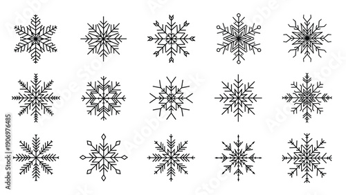Collection of intricate black line art snowflake icons in various geometric shapes perfect for winter holidays and cold weather designs.