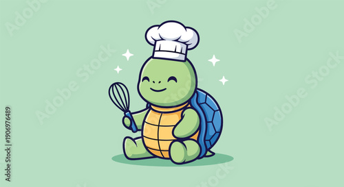Cute Cartoon Turtle Chef Holding Whisk.