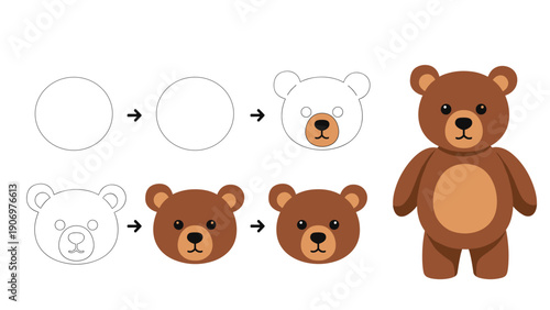 Educational step by step guide on how to draw a cute brown teddy bear character starting from simple circles to the final colored illustration.