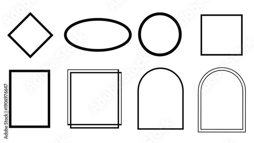 Set of basic geometric outline shapes including a diamond, oval, circle, square, rectangle, and arched frames in thick black lines.