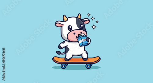 Cute Cow Drinking Milk While Skateboarding Cartoon Vector Illustration.