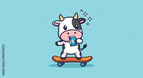 Cute Cow Skater Drinking Milk Cartoon Vector Illustration.