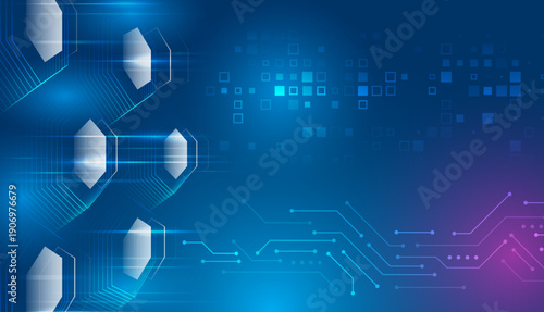 Futuristic technology background with glowing hexagonal elements, digital circuits, and data lines on a blue gradient, symbolizing innovation, connectivity, blockchain, and modern information systems.