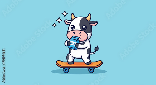 Cute Cow Drinking Milk While Skateboarding.