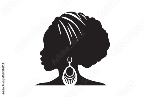 Minimalist black silhouette profile of african woman with curly hair headwrap and large ethnic earrings isolated on white background for logo