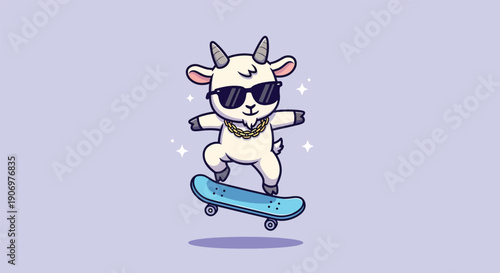 Cute Goat Wearing Sunglasses Riding Skateboard Cartoon Illustration.