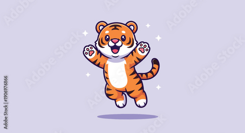 Cute Happy Tiger Jumping Cartoon Vector Illustration.