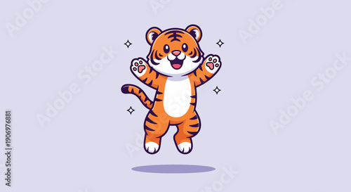 Cute Happy Tiger Jumping Cartoon Vector.
