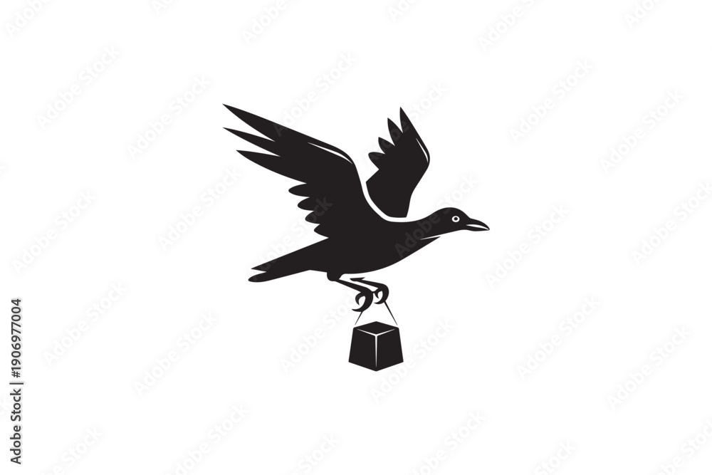 Fototapeta premium Minimalist black silhouette of crow or raven flying while carrying cube shaped package in its claws isolated on white background for courier logo