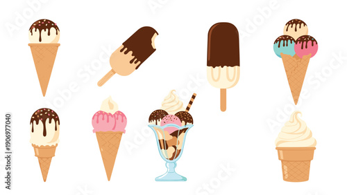 Delightful collection of various ice cream treats including cones, popsicles, a sundae, and soft serve in different flavors and toppings.