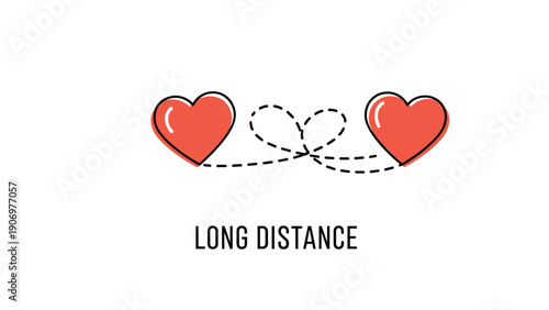 Simple illustration of two red hearts connected by a dashed loop line with the words long distance written below them for romantic themes.