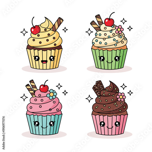 Cute Kawaii Cupcakes with Cherries and Wafers.