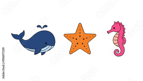 Marine life ocean animals including cute blue whale, orange starfish, and pink seahorse swimming together in a minimalist cartoon art style.