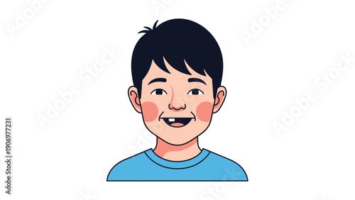 Friendly portrait of a young boy with dark hair and rosy cheeks smiling broadly to show a missing front tooth against a white background.