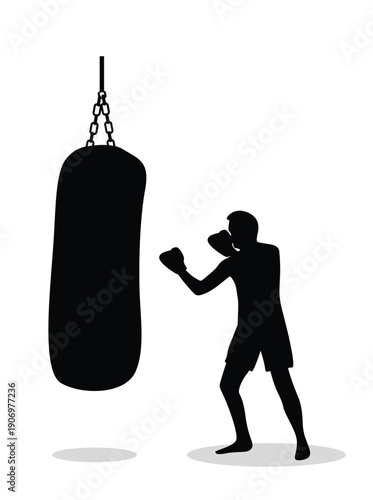 Silhouette of a Boxer Training with a Bag Isolated on White. People doing sports and physical activities vector art