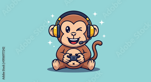 Cute Monkey Gamer with Headset and Controller.