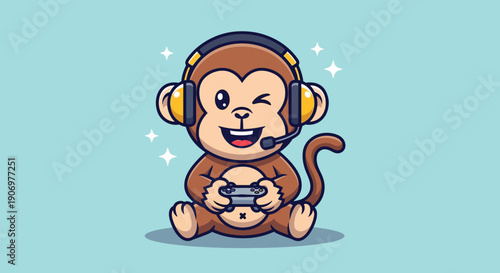 Cute Monkey Gamer with Headset Playing Video Game.