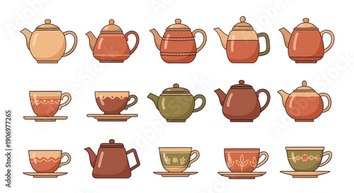 Set of isolated teapot and teacup icons in flat style with earthy terracotta colors and decorative patterns
