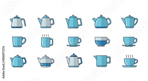 Set of modern teapot and coffee cup icons in flat design style with blue color palette and simple shadows isolated on white background