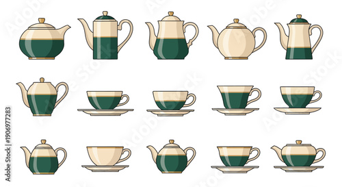 Set of elegant teapot and teacup icons in green and cream color, flat vector illustration for tea house and cafe branding
