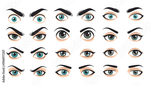 Detailed collection of diverse human eye illustrations showing various shapes, colors, expressions, and eyebrow styles for character design.