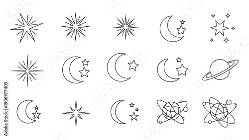 Collection of simple black line art celestial icons including different stars, crescent moons, and stylized planets with rings and orbits.