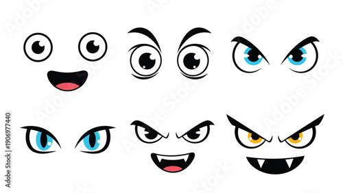 Collection of expressive cartoon eye sets and mouths showing various moods from happy and excited to angry and mischievous character traits.