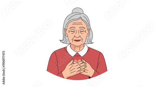 Illustration of an elderly woman with grey hair wearing a red sweater with her eyes closed and hands over her heart in a peaceful pose.
