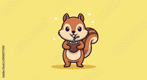 Cute Squirrel Drinking From Acorn Cup Cartoon Illustration.