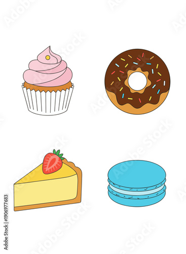 Delicious sweet dessert icons set featuring pink cupcake chocolate donut strawberry cheesecake slice and blue macaron in flat vector style
