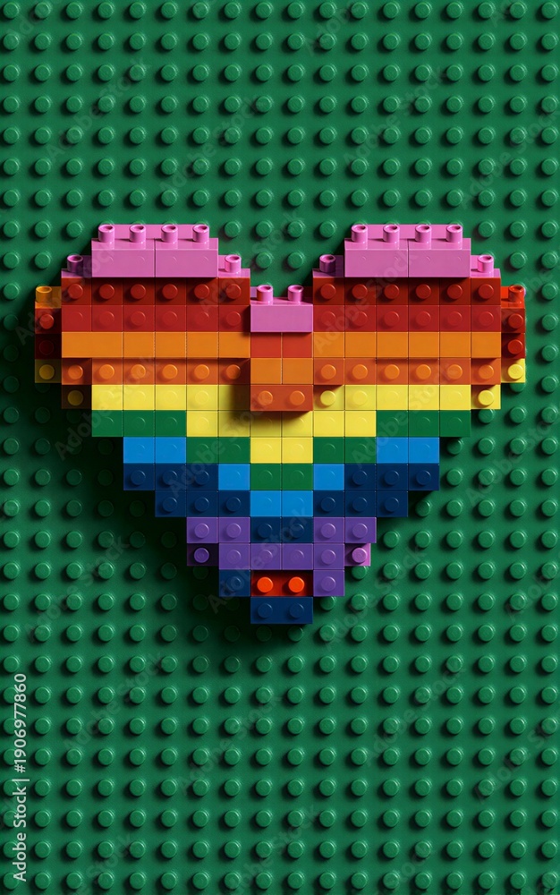 Fototapeta premium Rainbow heart made of bricks on green baseplate, colorful and playful design.