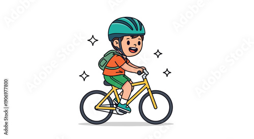 Happy Boy Riding Bicycle with Helmet and Backpack.