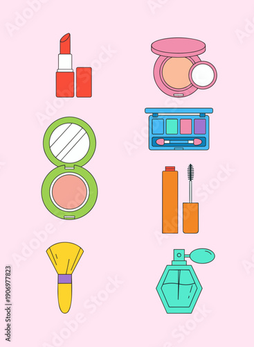 Professional beauty and makeup cosmetics icon set featuring lipstick face powder eyeshadow palette mascara brush and perfume bottle vector.