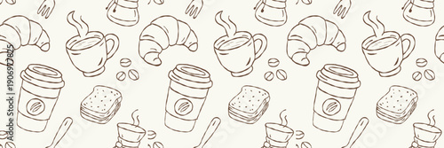 Seamless coffee and bakery pattern hand drawn vector line art background with croissant hot cup and bread for cafe packaging and wallpaper design