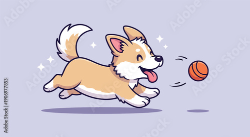 Happy Corgi Dog Chasing Ball Playful Cartoon Illustration.