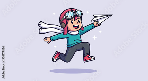 Happy Child Pilot Playing with Paper Airplane.