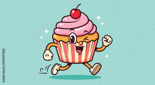 Happy Cupcake Character Running with Cherry Topping Vector Illustration.