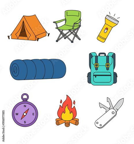 Outdoor camping and hiking gear equipment icons with tent chair flashlight sleeping bag backpack compass campfire and multipurpose pocket knife.